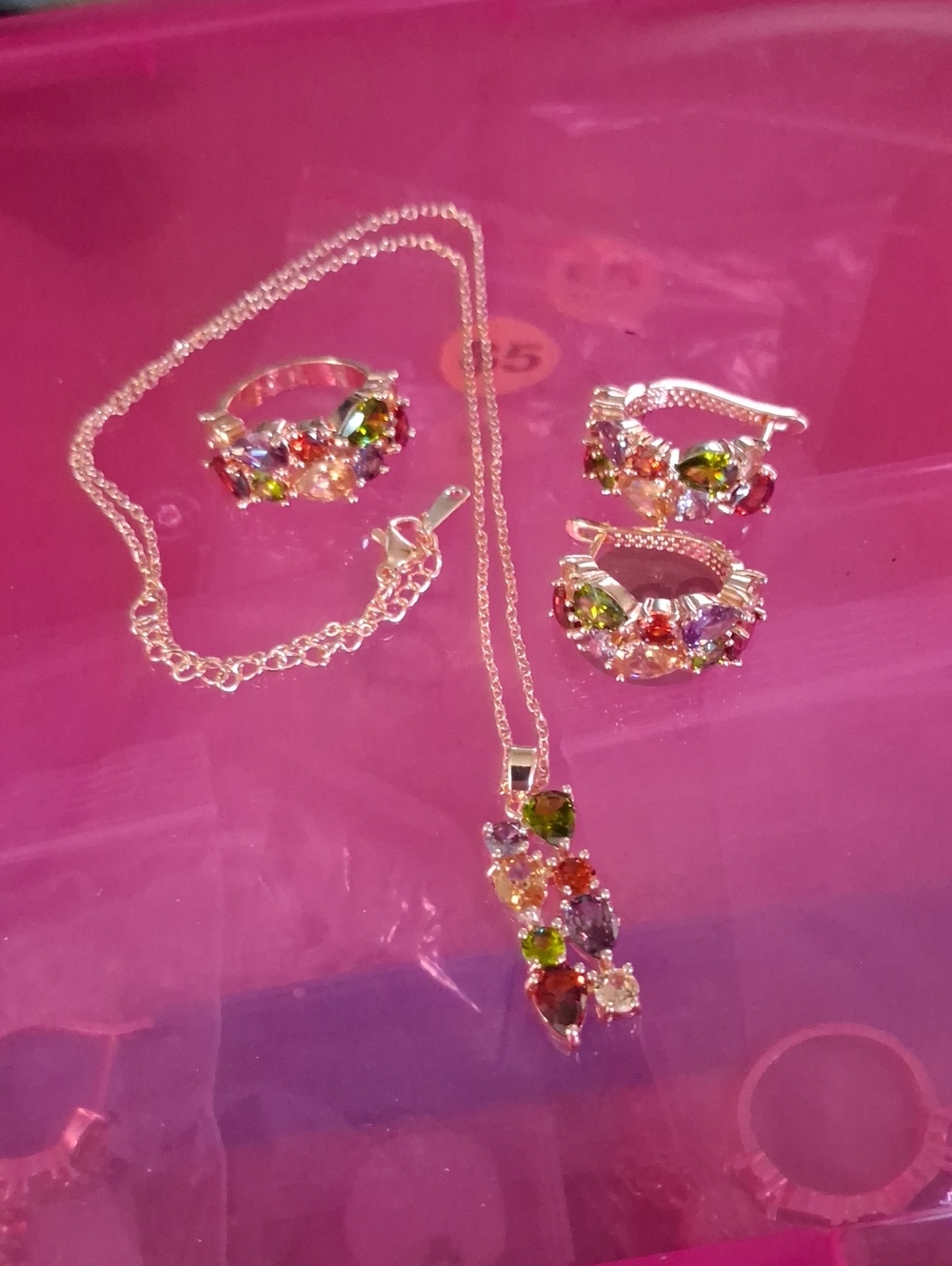 18KT ROSE GOLD FILLED,NECKLACE,RING,EARINGS,WITH CRYSTALS,NWT